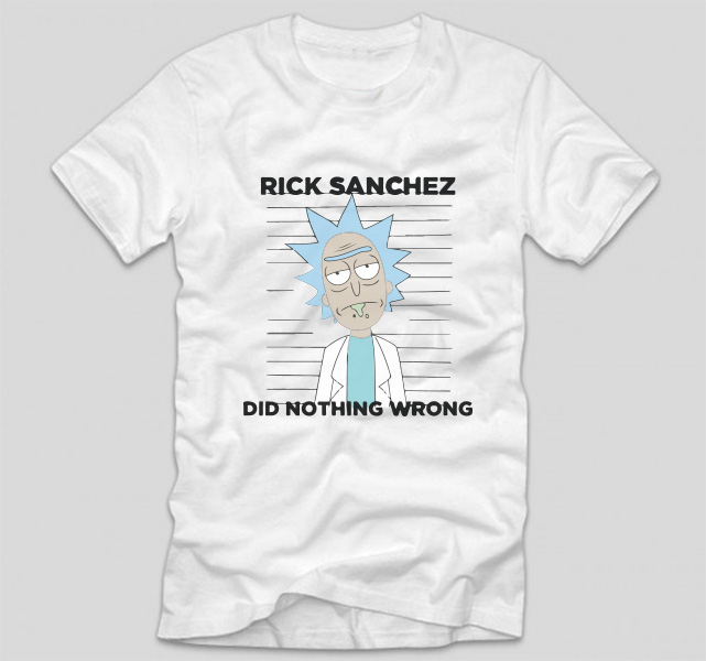 tricou-alb-cu-mesaj-haios-rick-and-morty-rick-sanchez-did-nothing-wrong